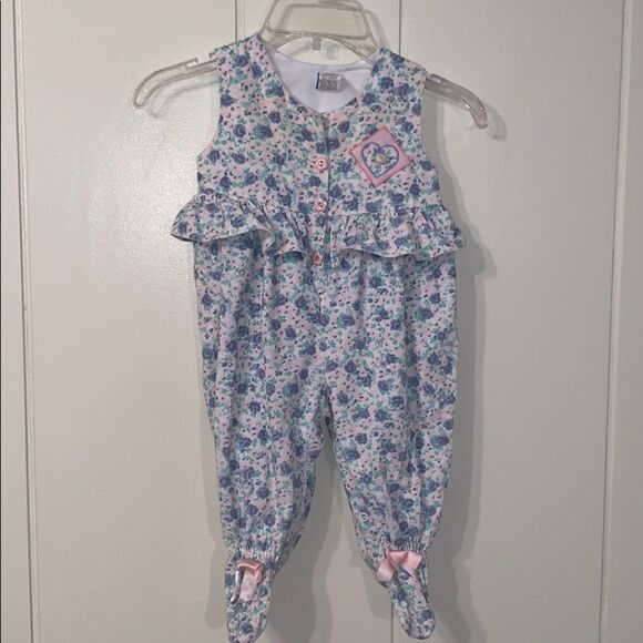 Vtg  floral corduroy footie onesie romper - Picture 1 of 8